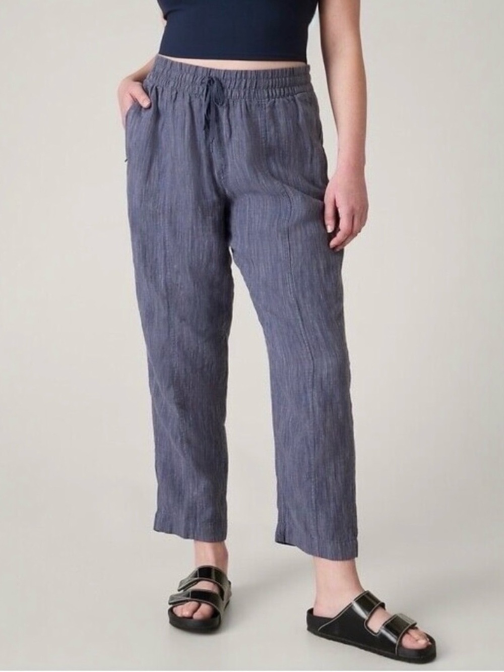 ATHLETA Retreat 100% Linen High Rise Ankle Pant Medium Navy Relaxed Comfort